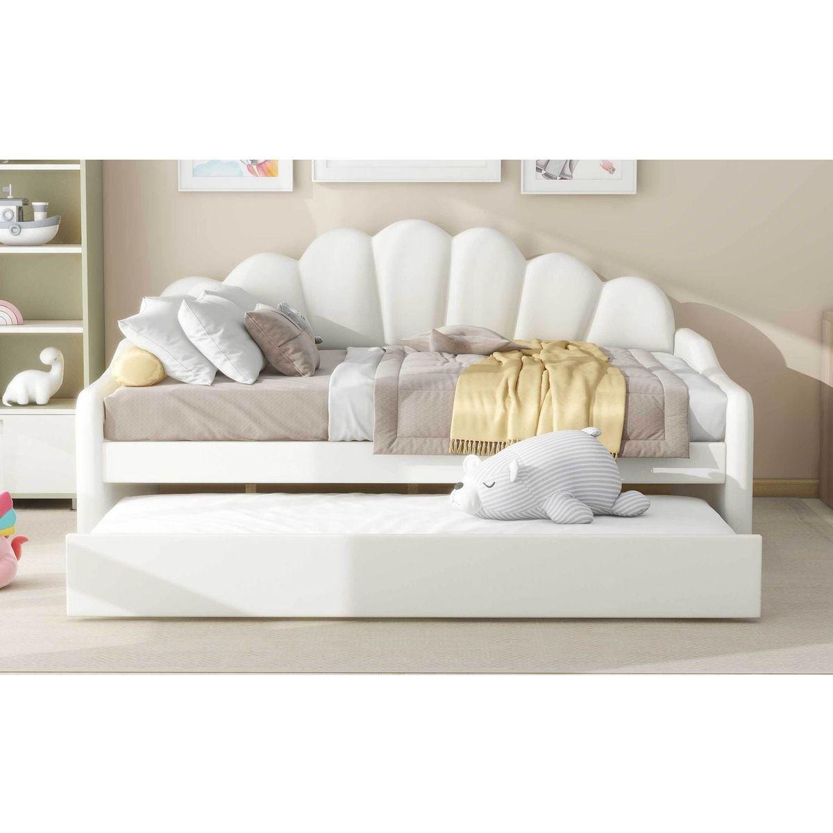 Full Size Upholstery Daybed Frame with Shall Shaped Backrest and Trundle,Beige