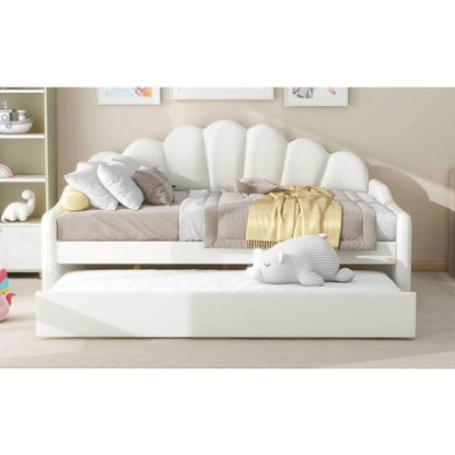 Full Size Upholstery Daybed Frame with Shall Shaped Backrest and Trundle,Beige