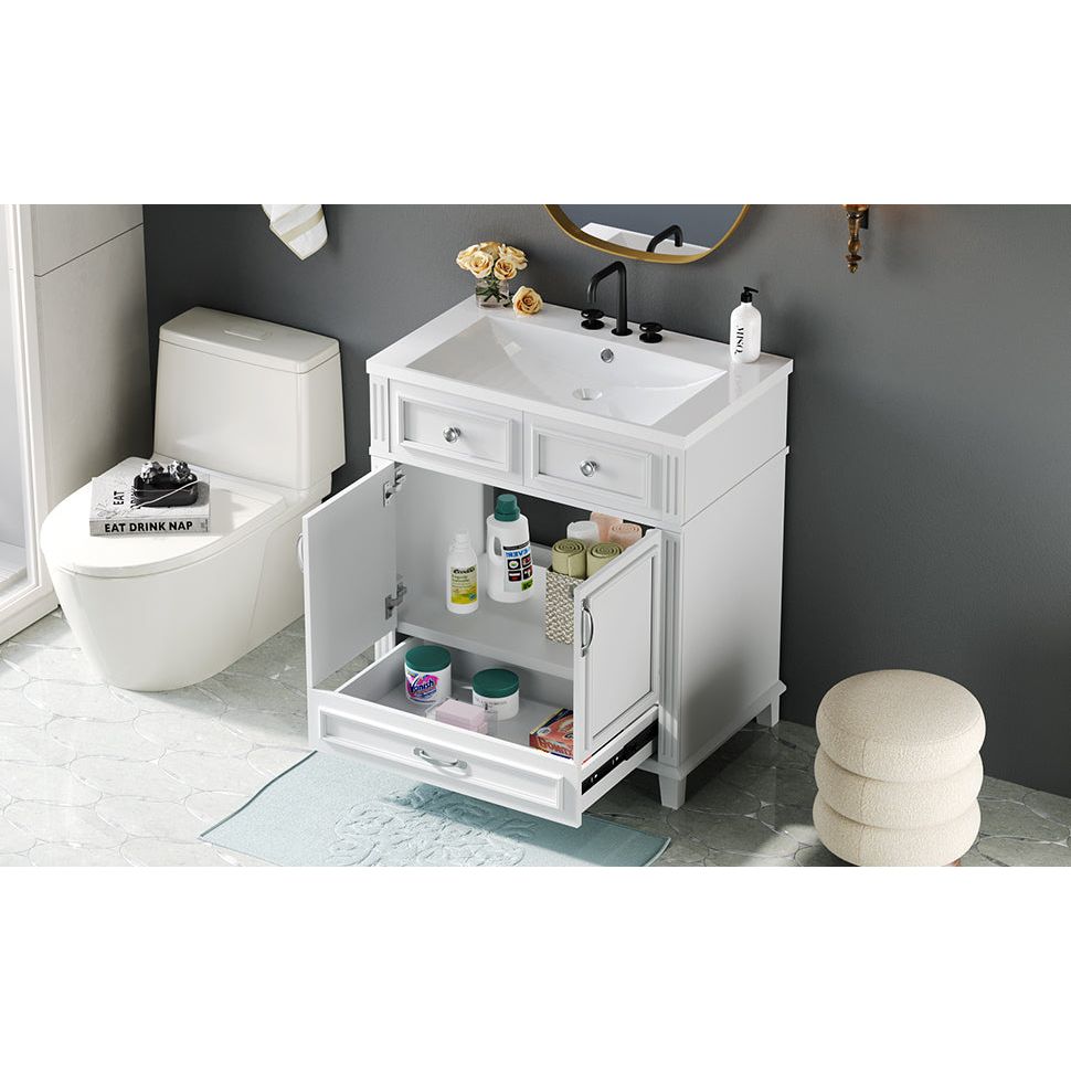 30" Bathroom Vanity with Resin Sink, Solid Wood Frame Bathroom Storage Cabinet with Soft Closing Doors, Retro Style, White