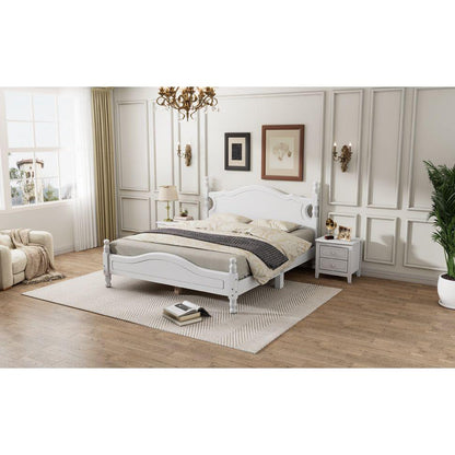 Queen Size Wood Platform Bed Frame,Retro Style Platform Bed with Wooden Slat Support,White