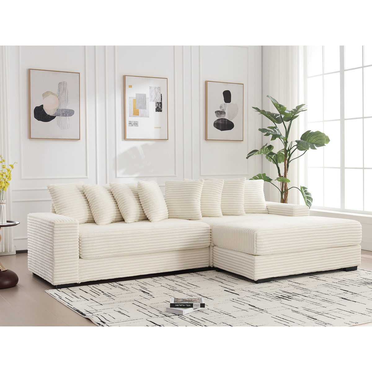 Oversized Two-Piece Couches, L Shaped Sofa, Corduroy, Right Chaise Daybed,with Armrests,Eight Throw Pillows,Corner Sofa,Easy To Assemble, Beige