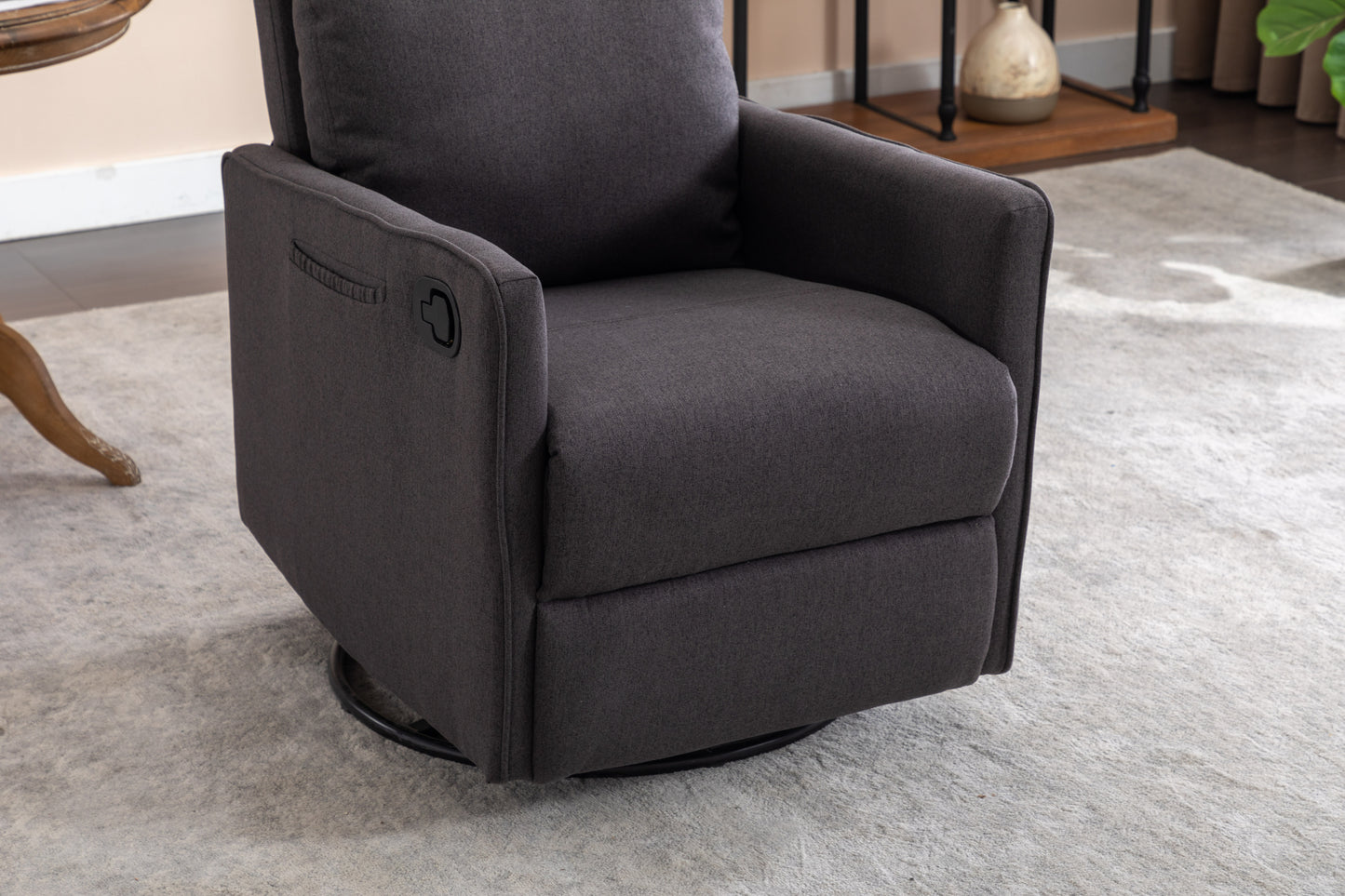 Cotton Linen Fabric Swivel Rocking Chair Glider Rocker Recliner Nursery Chair With Adjustable Back And Footrest For Living Room Indoor,Dark Gray