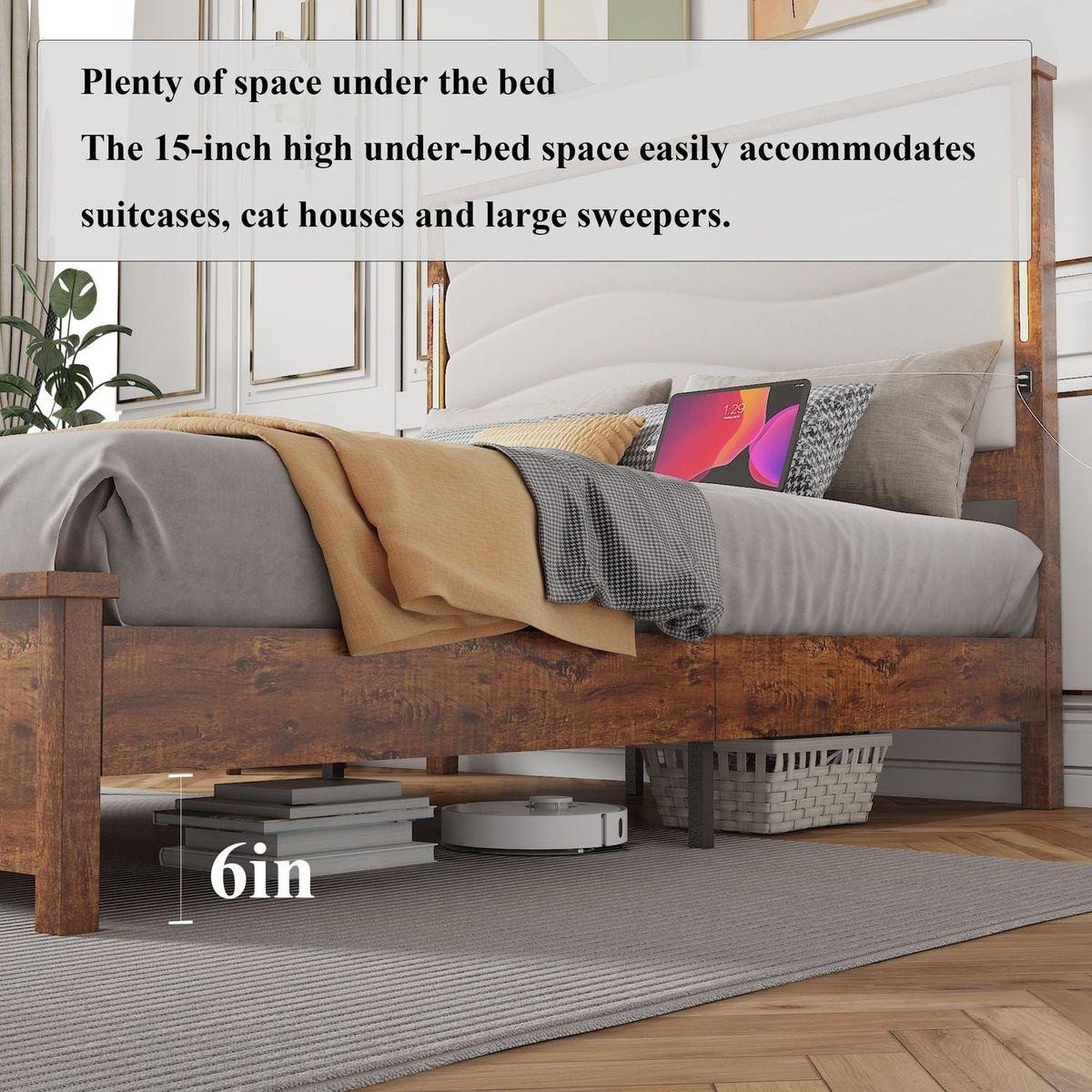 King Size Bed Frame with Upholstered Headboard, King Bed Frame with Charging Station and LED Lights, Wood Slats, Dark Gray Linen, No Box Spring Needed, Easy Assembly