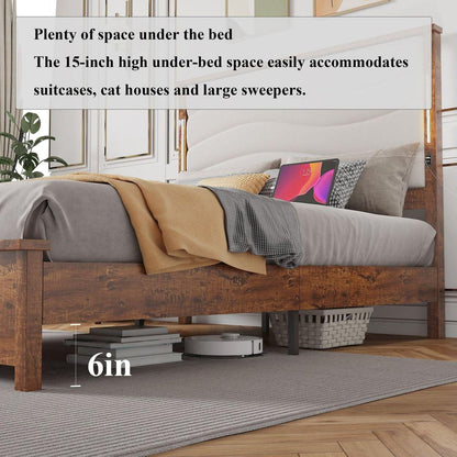 King Size Bed Frame with Upholstered Headboard, King Bed Frame with Charging Station and LED Lights, Wood Slats, Dark Gray Linen, No Box Spring Needed, Easy Assembly