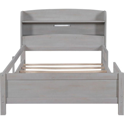 Wood Twin Size Platform Bed with Built-in LED Light, Storage Headboard and Guardrail, Antique Grey