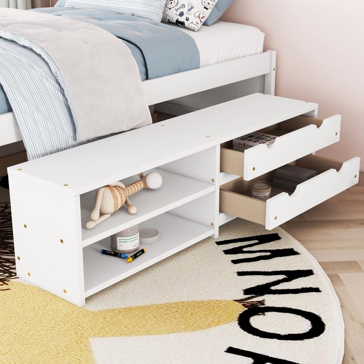 Versatile Full Bed with Trundle,Under bed Storage Box and Nightstand .White