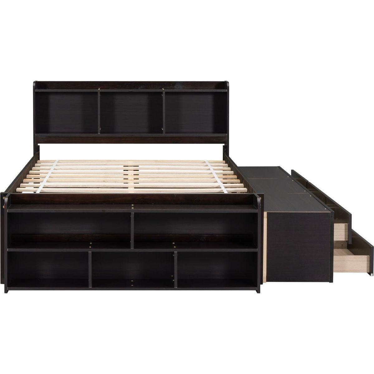 Full Bed with Bookcase Headboard, Under bed Storage Drawers and Bed End Storage Case,Espresso