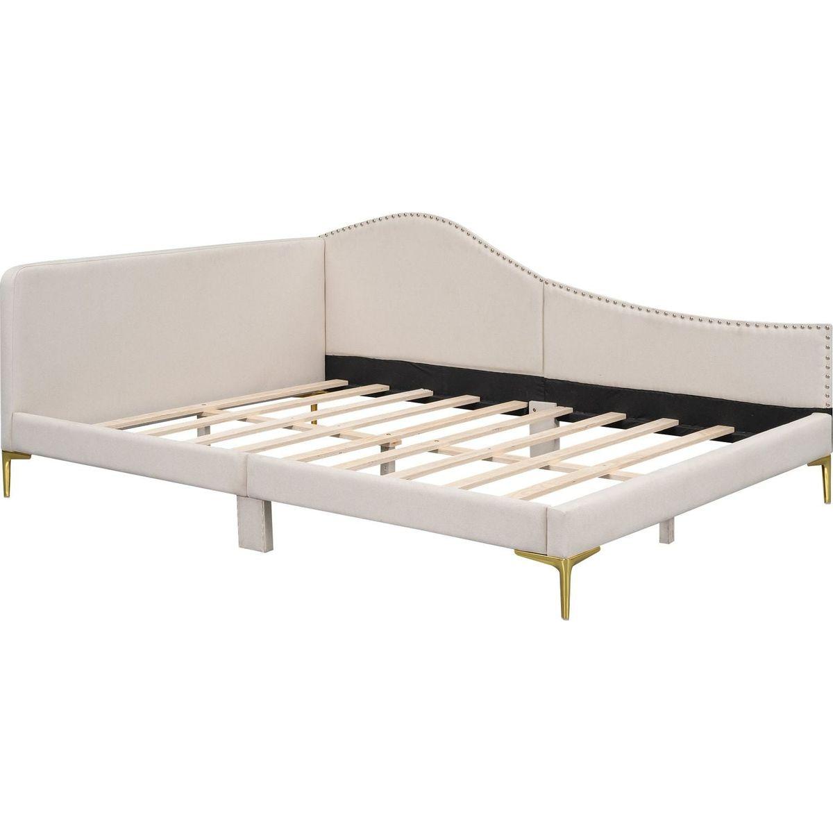 Full Size Upholstered Daybed with Headboard and Armrest, Support Legs, Beige