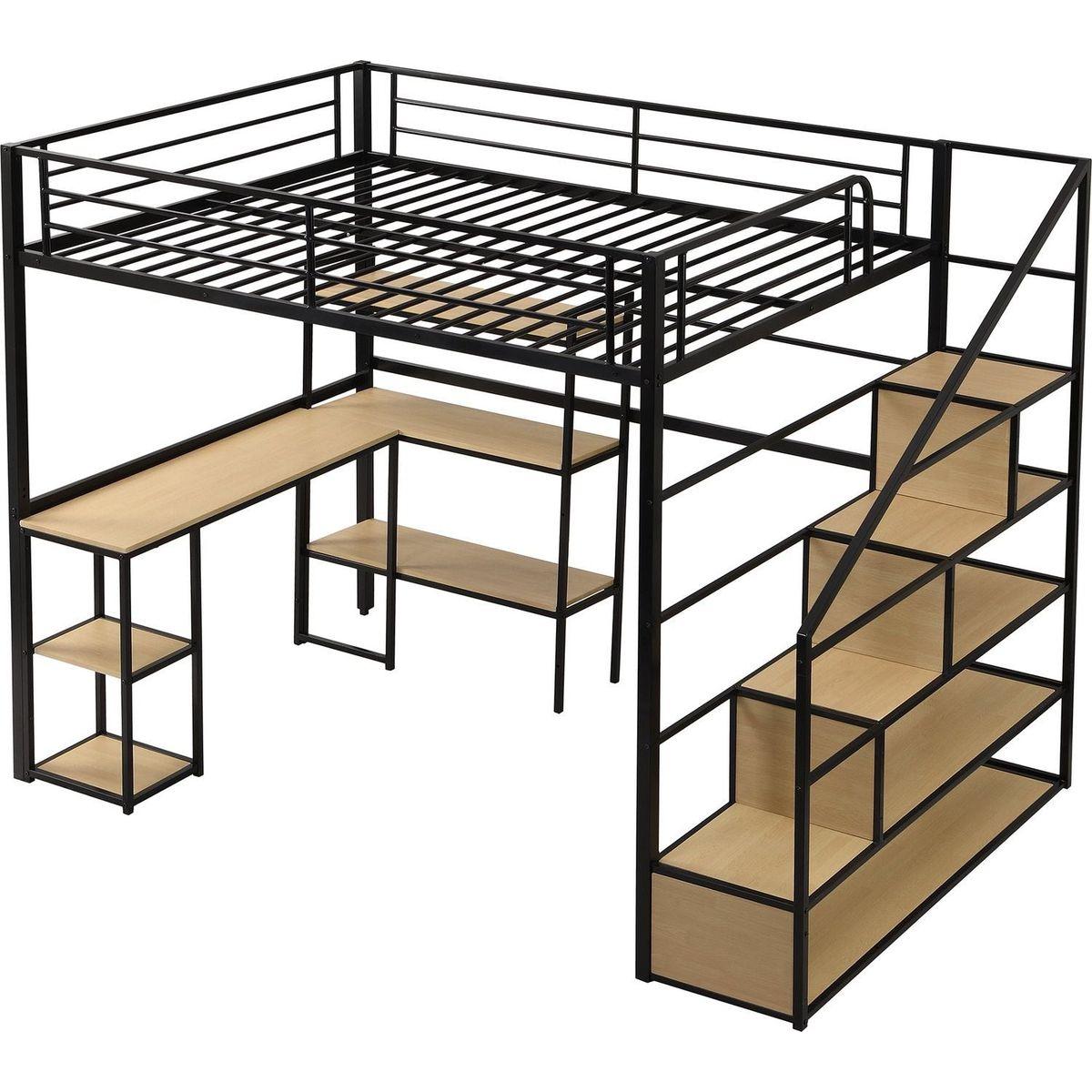 Full Size Metal Loft bed with Staircase, Built-in Desk and Shelves, Black