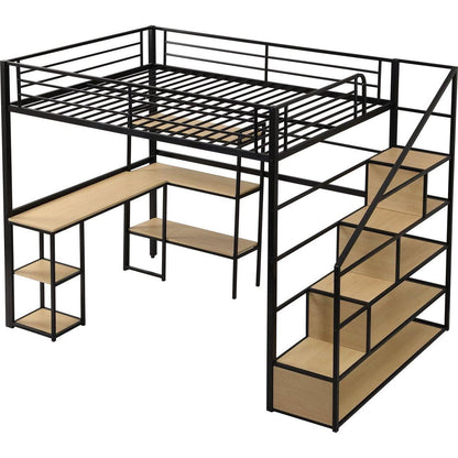 Full Size Metal Loft bed with Staircase, Built-in Desk and Shelves, Black