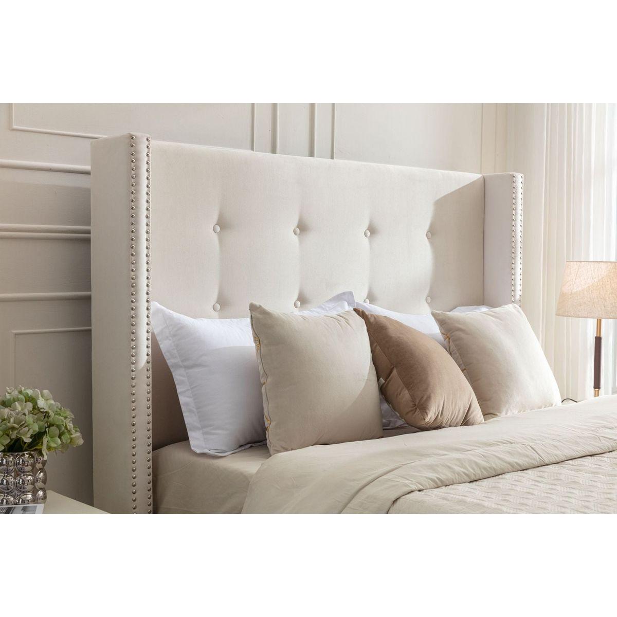 Upholstered Queen Bed / 54" High Headboard / Traditional Hand Buttoned Tufting / Nailhead Trim Wingback / No Box Spring Needed / Easy Assembly / Ivory Velvet