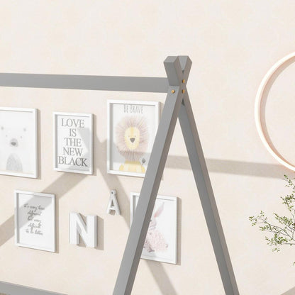 Full Tent-shaped Floor Bed, with Guardrails, Slats, Door, Grey