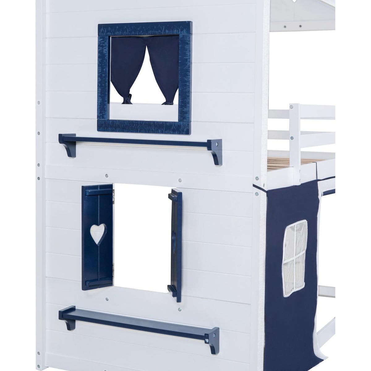 Twin Size Bunk Wood House Bed with Elegant Windows, Sills and Tent, Blue+White