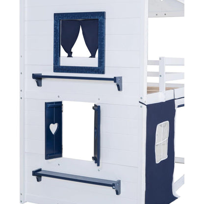 Twin Size Bunk Wood House Bed with Elegant Windows, Sills and Tent, Blue+White