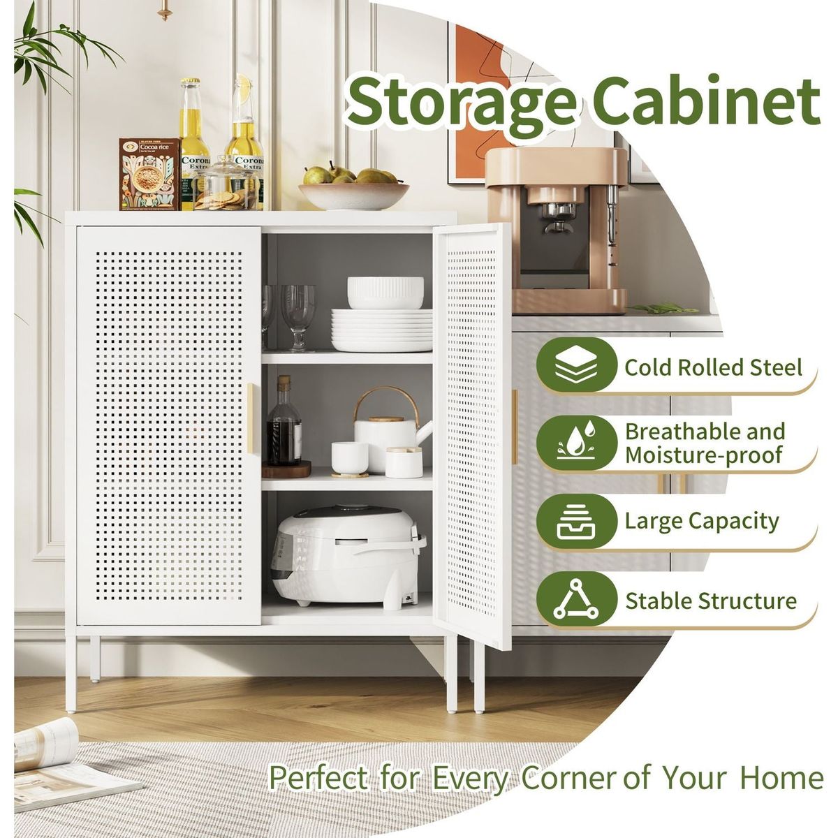 Metal Storage Cabinet with 2 Doors and 2 Adjustable Shelves, Steel Lockable Garage Storage Cabinet, Metal File Cabinet for Home Office School Gym, White