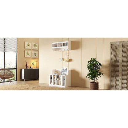 Shoe Storage Bench with Shelves and 4 Hooks, Elegant Hall Tree with Wall Mounted Coat Rack, Entryway Organizer For Hallway, Foyer, Mudroom, White