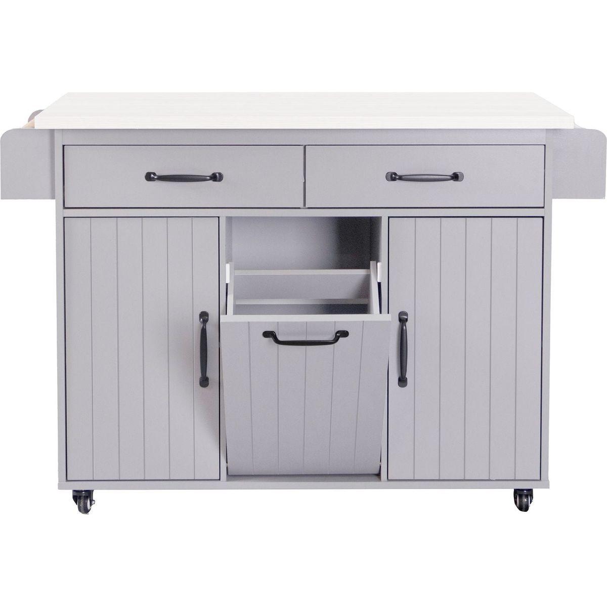 Kitchen Island with Trash Can Storage Cabinet, Kitchen Cart with Drop Leaf, Spice Rack, Towel Rack and Drawer, Rolling Kitchen Island on Wheels with Adjustable Shelf, Grey