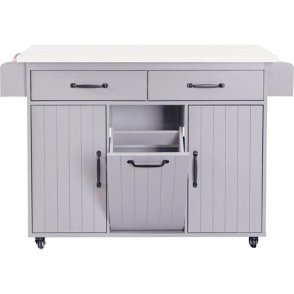 Kitchen Island with Trash Can Storage Cabinet, Kitchen Cart with Drop Leaf, Spice Rack, Towel Rack and Drawer, Rolling Kitchen Island on Wheels with Adjustable Shelf, Grey