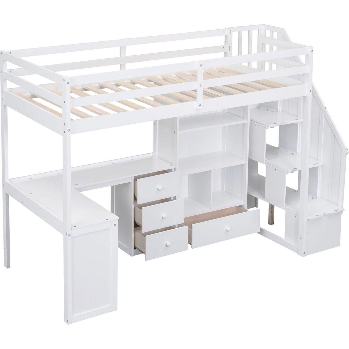 Twin Size Loft Bed with L-Shaped Desk and Drawers, Cabinet and Storage Staircase, White
