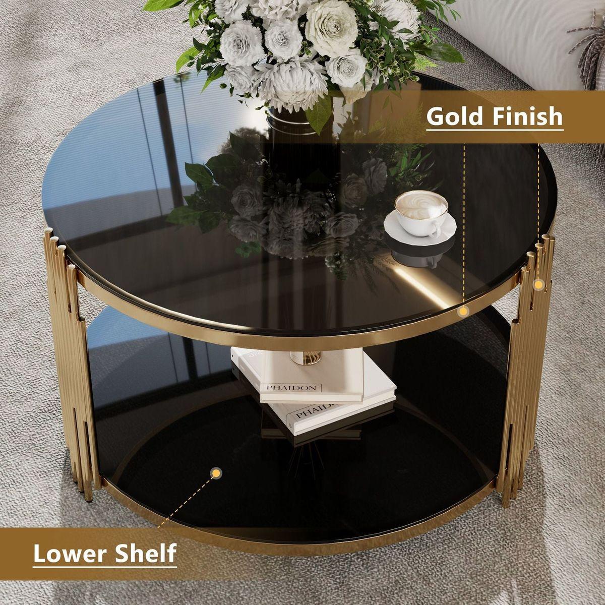 Modern Black Mirror Coffee Table, Asymmetrical Metal, Circular Metal Drum Base, Gold Finish & Lower Shelf