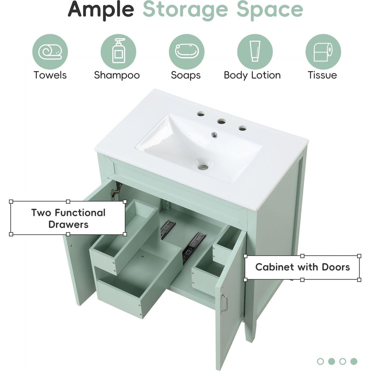 30" Bathroom Vanity with Sink, Multi-functional Bathroom Cabinet with Doors and Drawers, Solid Frame and MDF Board, Green