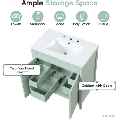 30" Bathroom Vanity with Sink, Multi-functional Bathroom Cabinet with Doors and Drawers, Solid Frame and MDF Board, Green