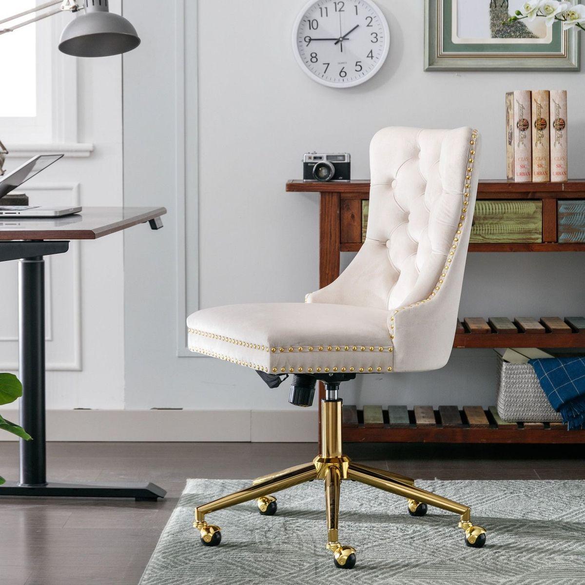 Office Chair,Velvet Upholstered Tufted Button Home Office Chair with Golden Metal Base,Adjustable Desk Chair Swivel Office Chair (Beige)