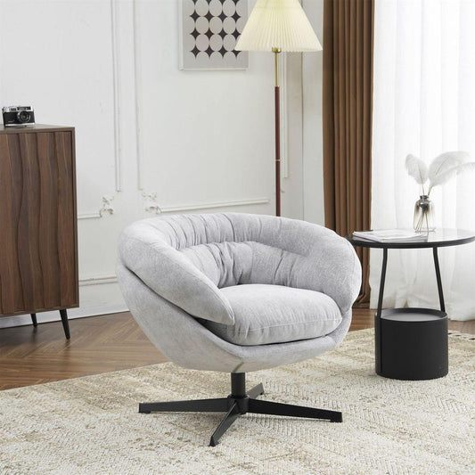 COMFY Chenille Upholstered 360掳 Swivel Club Chair/Accent Chair with Removable Cushion, Round Office Chair with Black Metal Base, Cotton Material, Living Room, Bedroom, Reading Corner, Office (Gray)