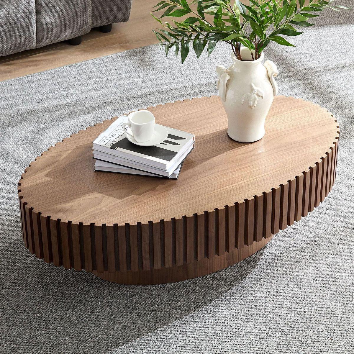 Modern Handcraft Drum Coffee Table Length 43.7 inch Round Coffee Table for Living Room,Small Coffee Table with Sturdy Pedestal,Walnut MDF