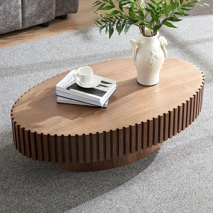 Modern Handcraft Drum Coffee Table Length 43.7 inch Round Coffee Table for Living Room,Small Coffee Table with Sturdy Pedestal,Walnut MDF