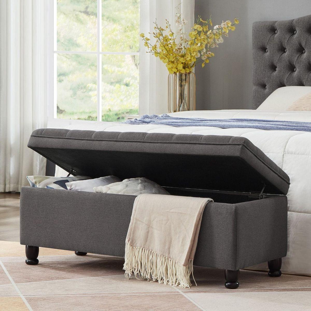 Upholstered tufted button storage bench, Linen fabric entry bench with spindle wooden legs, Bed bench- Dark Gray