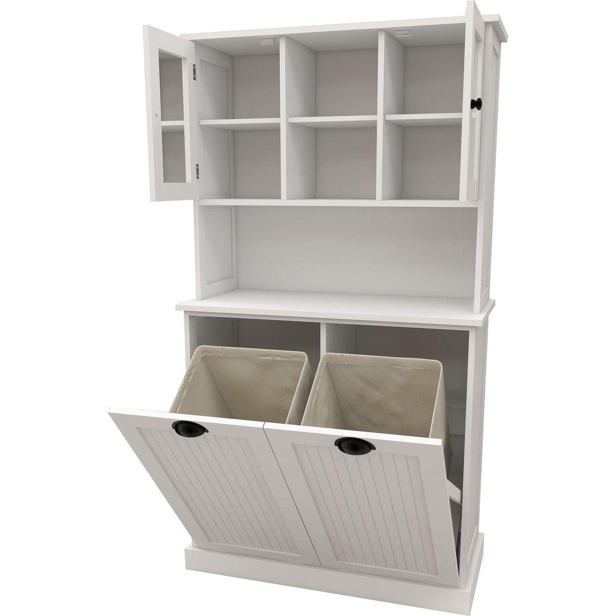 Two-Compartment Tilt-Out Dirty Laundry Basket Tall Bathroom Cabinet with 2 Adjustable Shelves-White