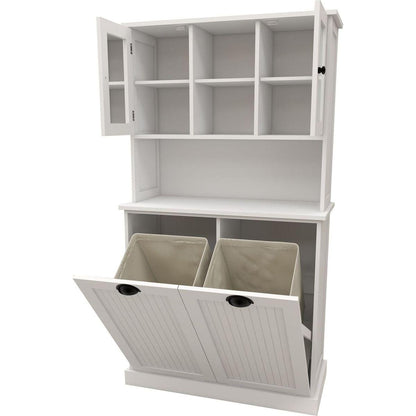Two-Compartment Tilt-Out Dirty Laundry Basket Tall Bathroom Cabinet with 2 Adjustable Shelves-White