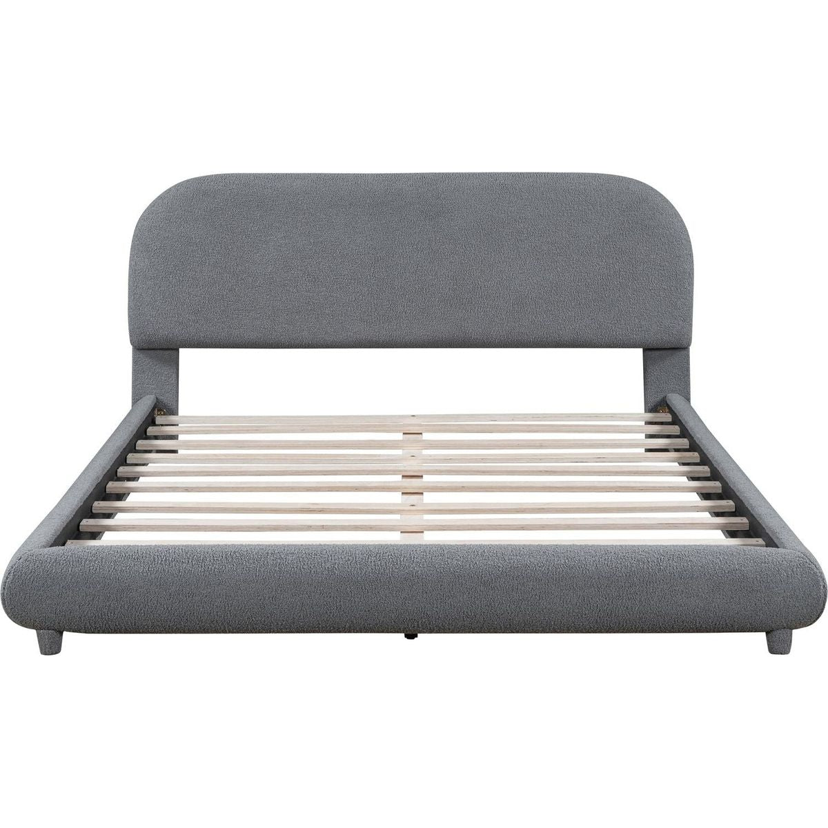 Teddy Fleece Queen Size Upholstered Platform Bed with Thick Fabric, Solid Frame and Stylish Curve-shaped Design, Gray
