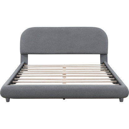Teddy Fleece Queen Size Upholstered Platform Bed with Thick Fabric, Solid Frame and Stylish Curve-shaped Design, Gray