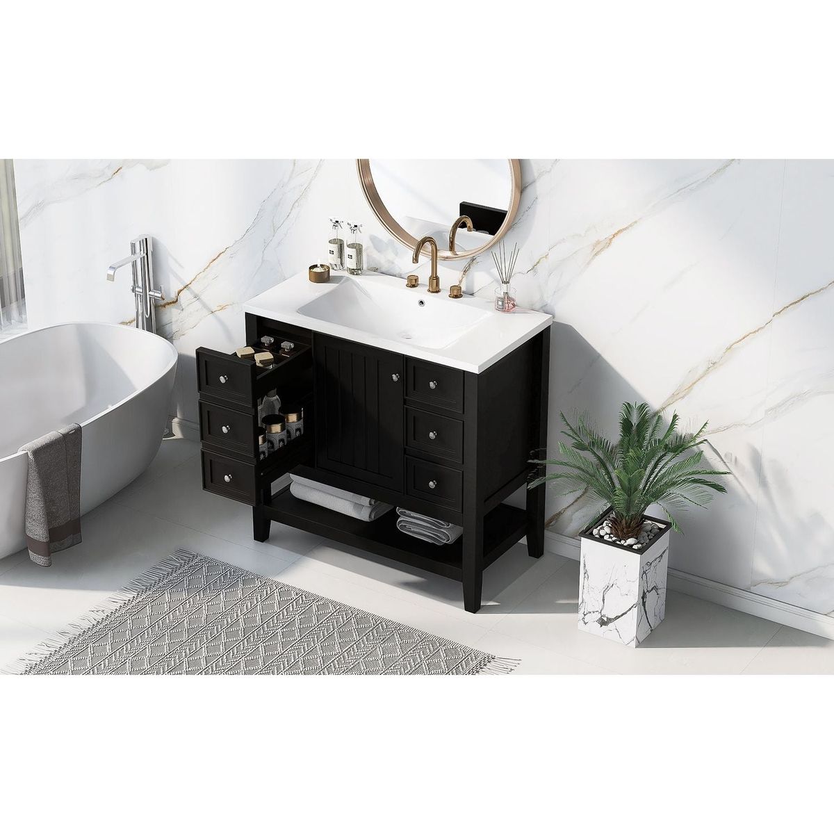 36" Bathroom Vanity with Sink Combo, One Cabinet and Three Drawers, Solid Wood and MDF Board, Black