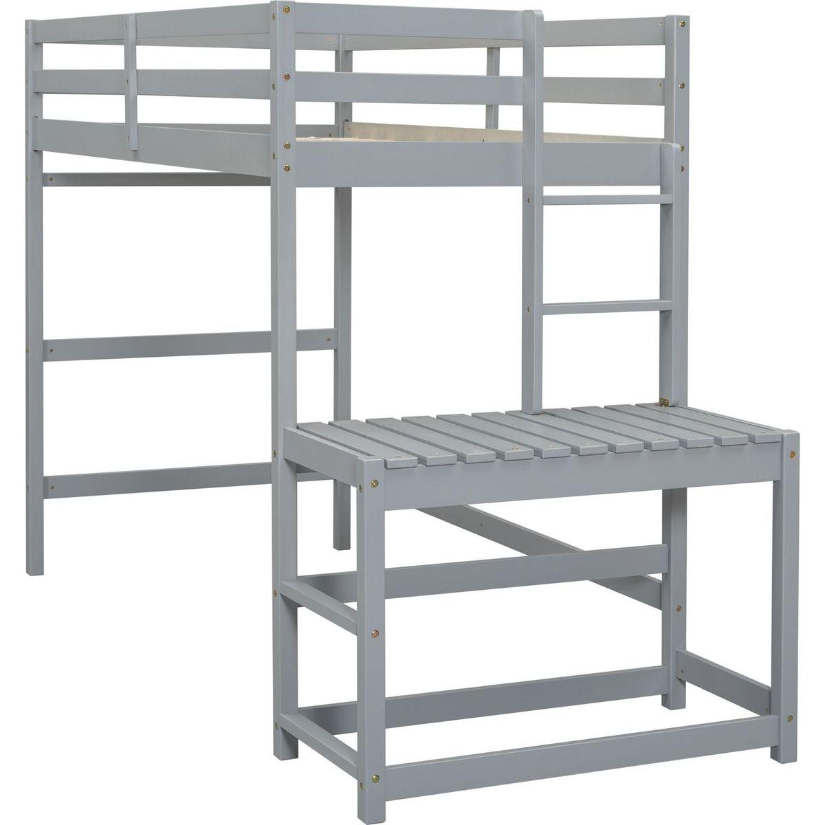 Twin High Loft Bed with Ladder landing Platform, Ladders, Guardrails,Grey
