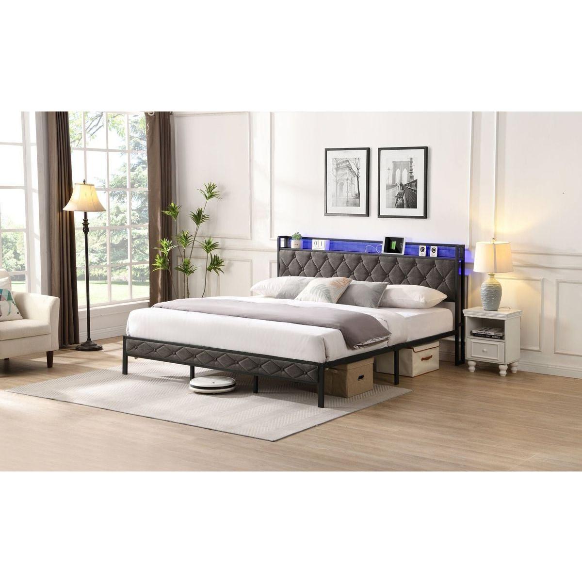 King Bed Frame with Storage Headboard, Charging Station and LED Lights, Upholstered Platform Bed with Heavy Metal Slats, No Box Spring Needed, Noise Free, Easy Assembly, Dark Gray