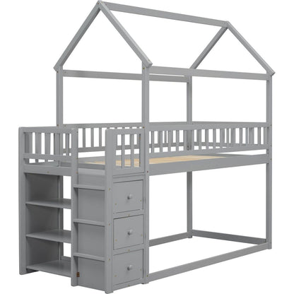 TWIN/TWIN HOUSE BUNK BED WITH SHELVES AND DRAWERS FOR GREY COLOR