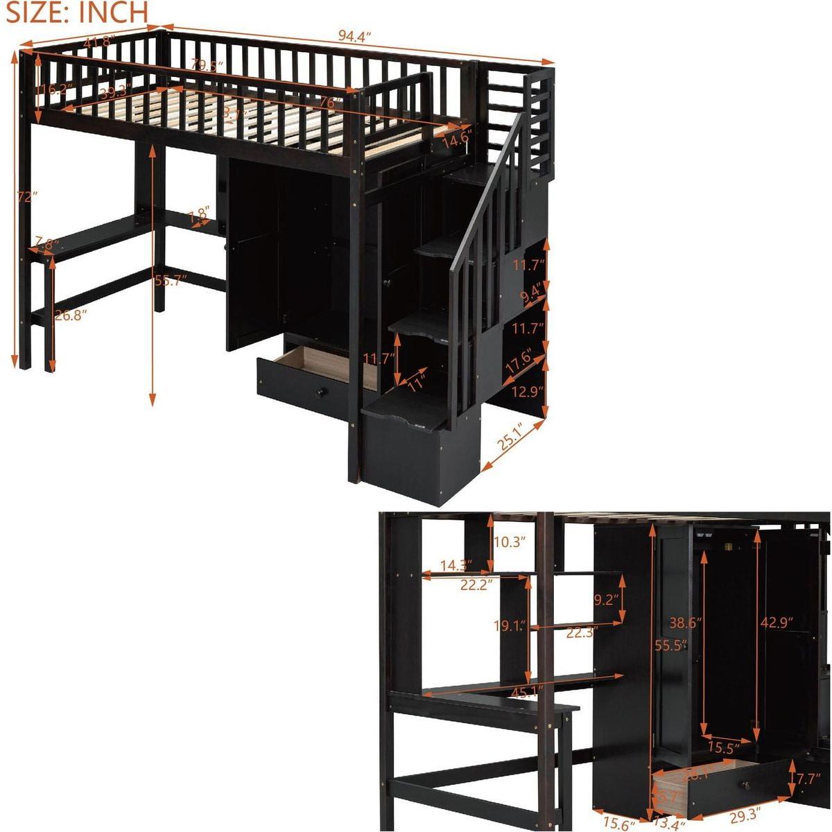 Twin size Loft Bed with Bookshelf,Drawers,Desk,and Wardrobe-Espresso