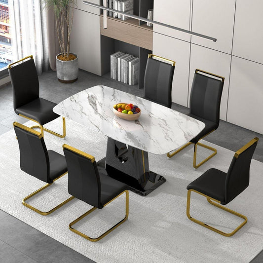 1 table and 6 chairs. Modern, simple and luxurious white imitation marble rectangular dining table and desk with 6 black PU gold plated leg chairs 63'' x 35.4'' X 30''