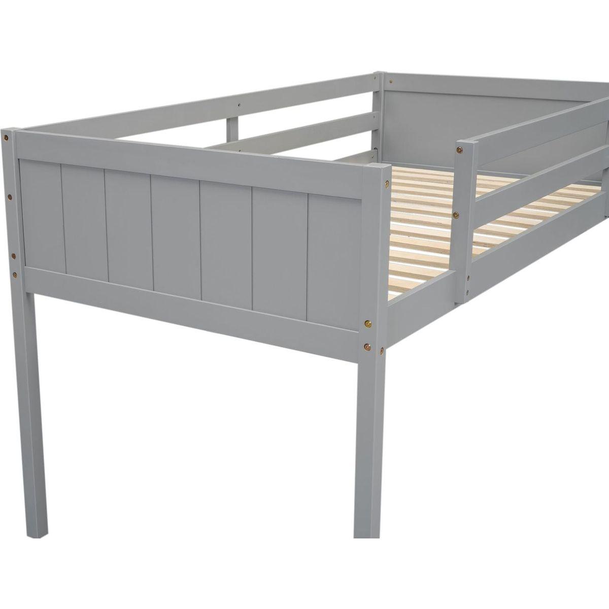 Twin Size Wood Low Loft Bed with Ladder, ladder can be placed on the left or right, Gray