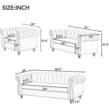 Modern three-piece sofa set with solid wood legs, buttoned tufted backrest, frosted velvet upholstered sofa set including three-seater sofa, double seater and living room furniture set Single chair