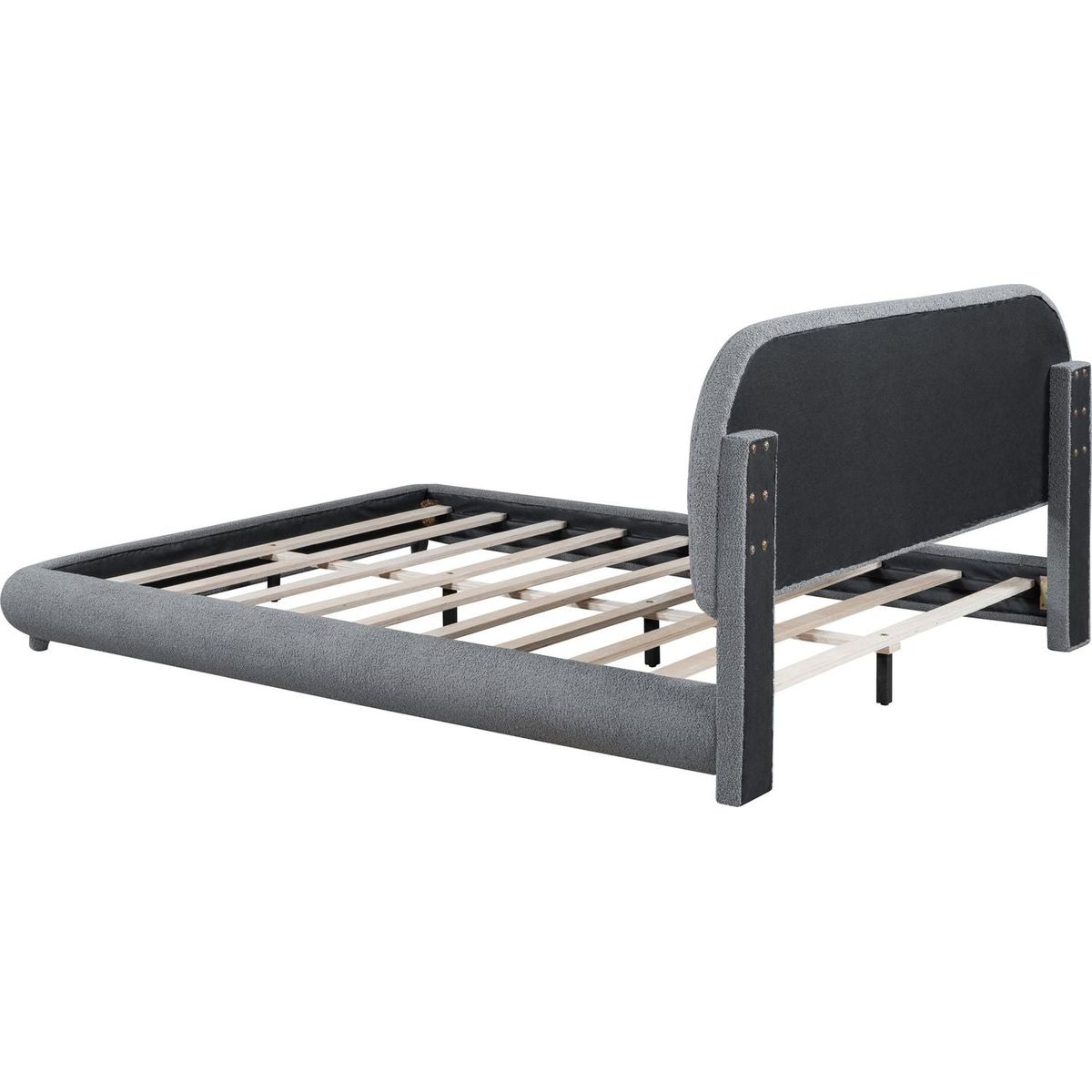 Teddy Fleece Queen Size Upholstered Platform Bed with Thick Fabric, Solid Frame and Stylish Curve-shaped Design, Gray