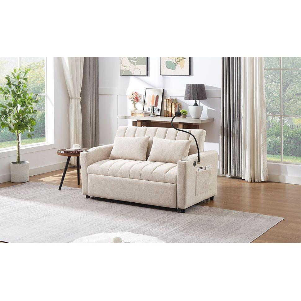 55.9" Convertible Sofa Bed Loveseat Sofa with Three USB Ports, Two Side Pockets, Two Cup Holders and 360Swivel Phone Holder for Living Room, Beige