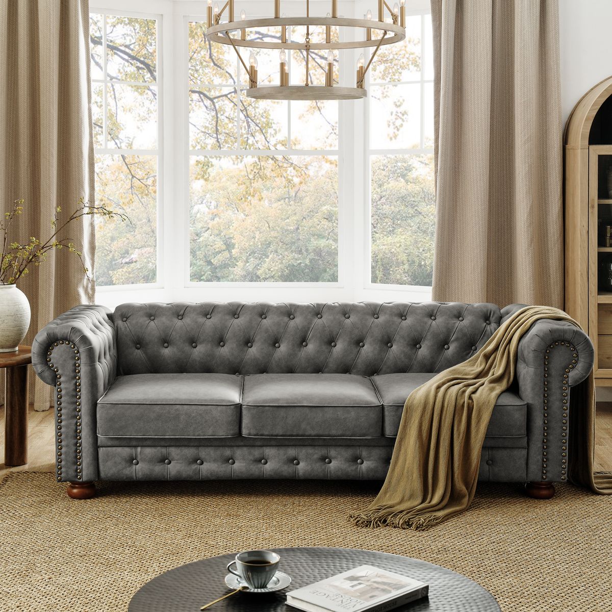 Chesterfield Sofa Tufted  Upholstered PU 3-Seater Sofa Scrolled Arms with Nailhead Decoration, DGY (88.5''x37''x28'')