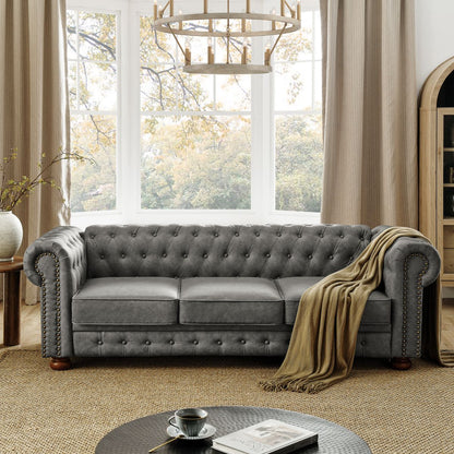 Chesterfield Sofa Tufted  Upholstered PU 3-Seater Sofa Scrolled Arms with Nailhead Decoration, DGY (88.5''x37''x28'')
