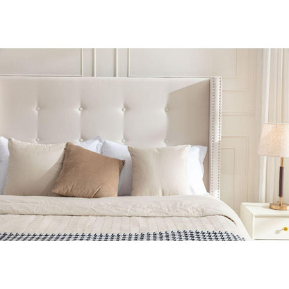 Upholstered King Bed / 54" High Headboard / Traditional Hand Buttoned Tufting / Nailhead Trim Wingback / No Box Spring Needed / Easy Assembly / Ivory Velvet
