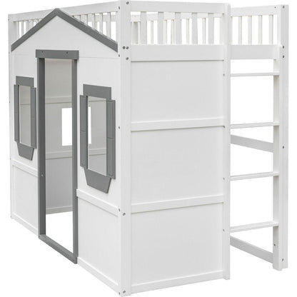 Twin Size House Loft Bed With Ladder-White+Gray Frame