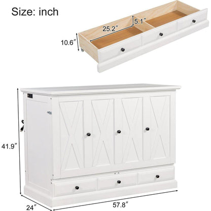 Solid Pine Murphy Bed Chest Cube Cabinet Bed with Charging Station and Large Storage Drawer for Home Office or Small Room,Full,White